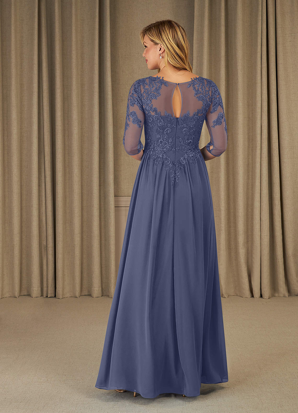 Mirielle A-Line Scoop-Neck Chiffon and Lace Mother of the Bride Dress in Stormy