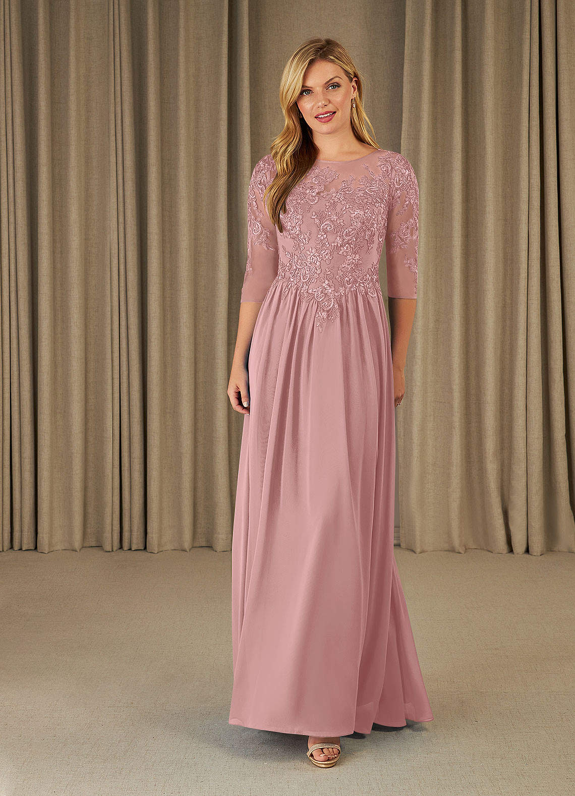 Mirielle A-Line Scoop-Neck Chiffon and Lace Mother of the Bride Dress in Dusty Rose