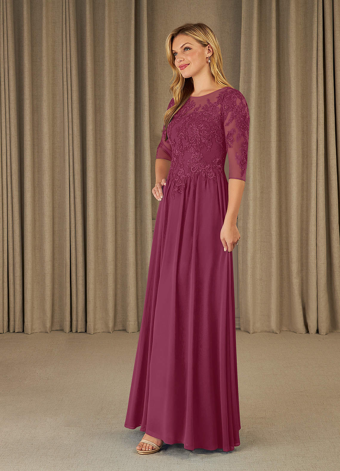 Mirielle A-Line Scoop-Neck Chiffon and Lace Mother of the Bride Dress in Rust
