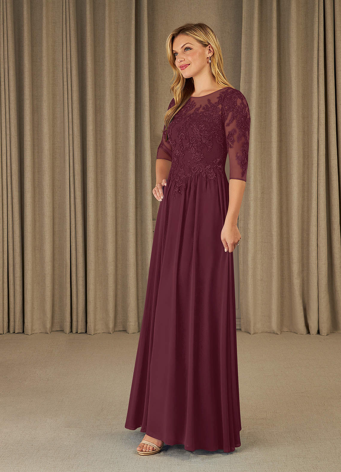 Mirielle A-Line Scoop-Neck Chiffon and Lace Mother of the Bride Dress in champagne