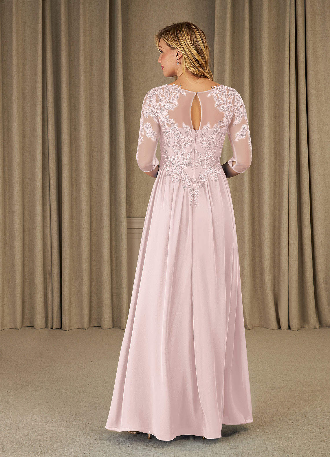Mirielle A-Line Scoop-Neck Chiffon and Lace Mother of the Bride Dress in Blushing Pink