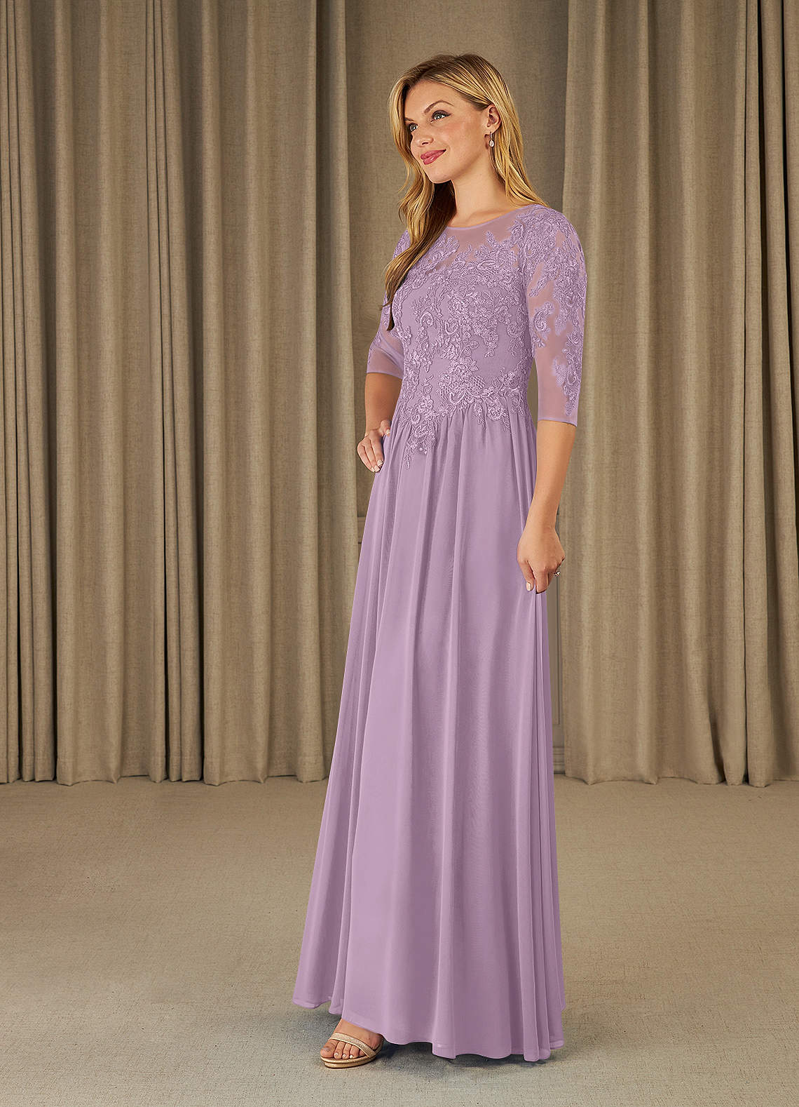 Mirielle A-Line Scoop-Neck Chiffon and Lace Mother of the Bride Dress in Wisteria