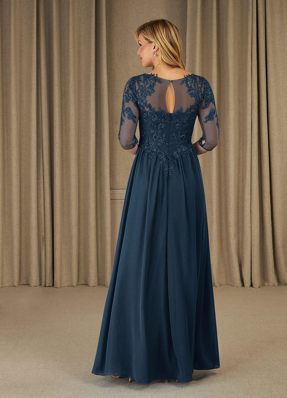 Mirielle A-Line Scoop-Neck Chiffon and Lace Mother of the Bride Dress in Dark Navy