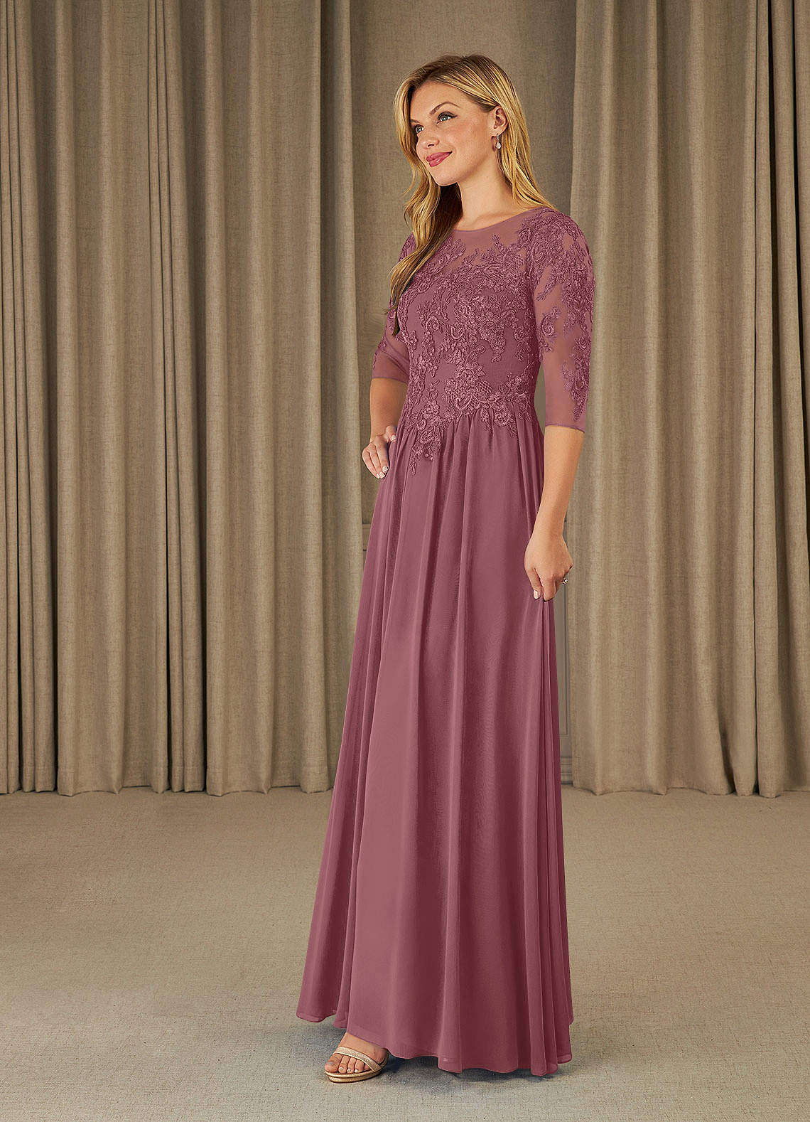 Mirielle A-Line Scoop-Neck Chiffon and Lace Mother of the Bride Dress in Grape