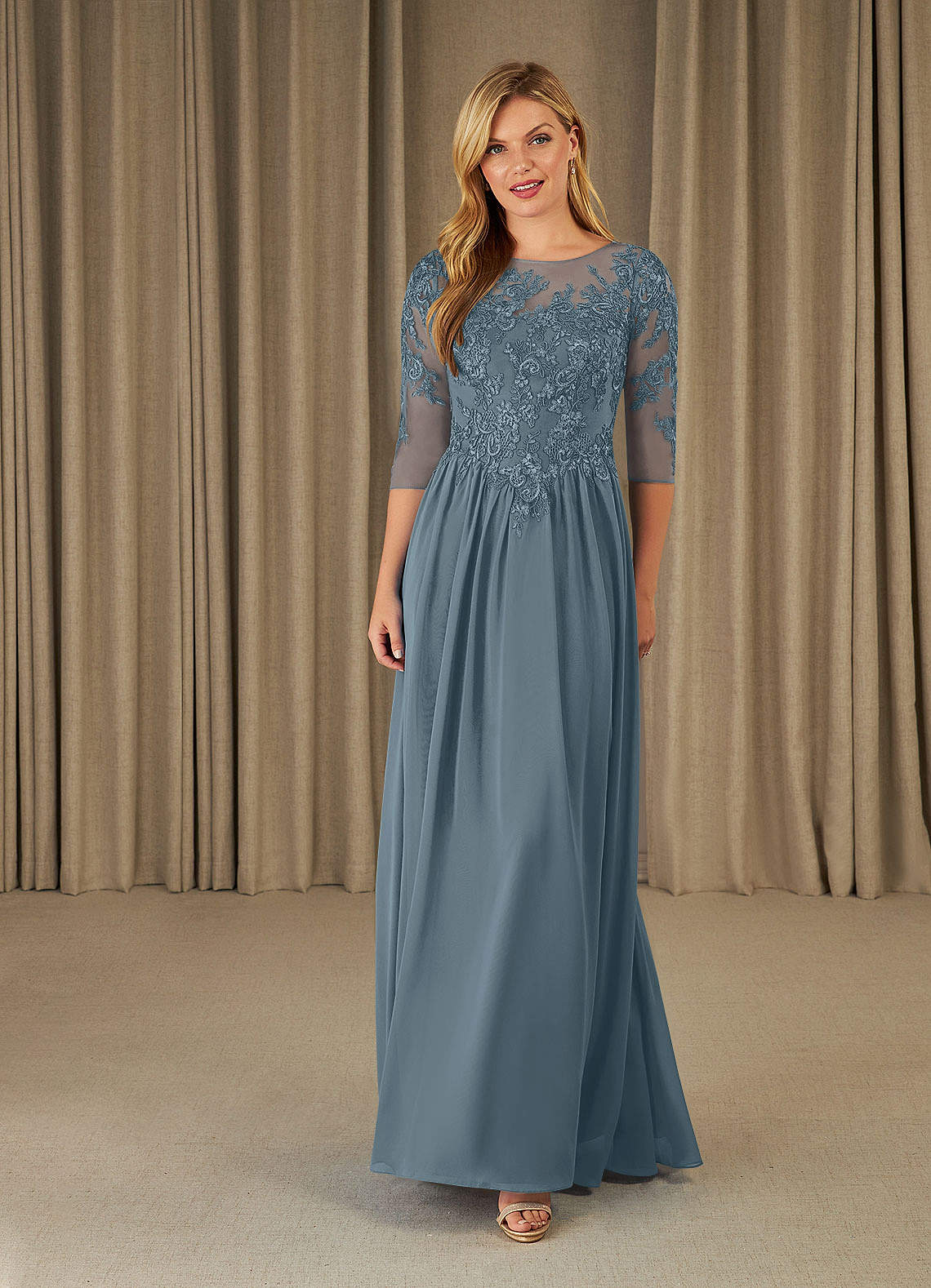 Mirielle A-Line Scoop-Neck Chiffon and Lace Mother of the Bride Dress in Twilight