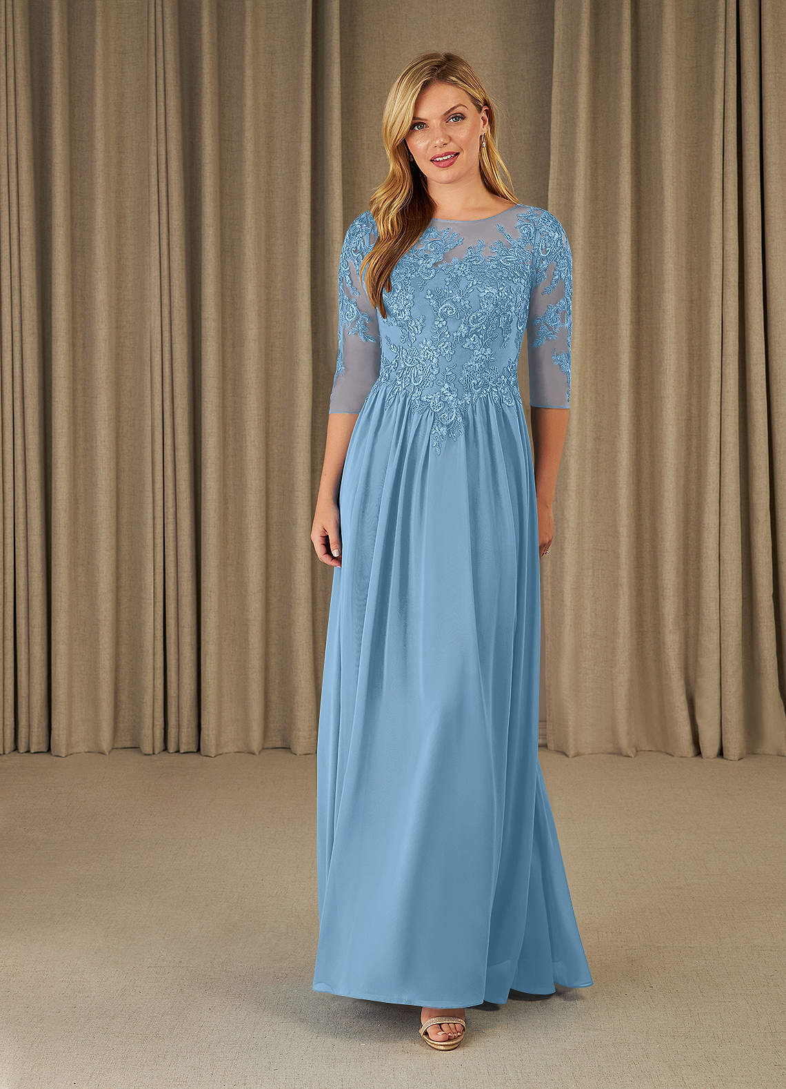 Mirielle A-Line Scoop-Neck Chiffon and Lace Mother of the Bride Dress in Steel Blue