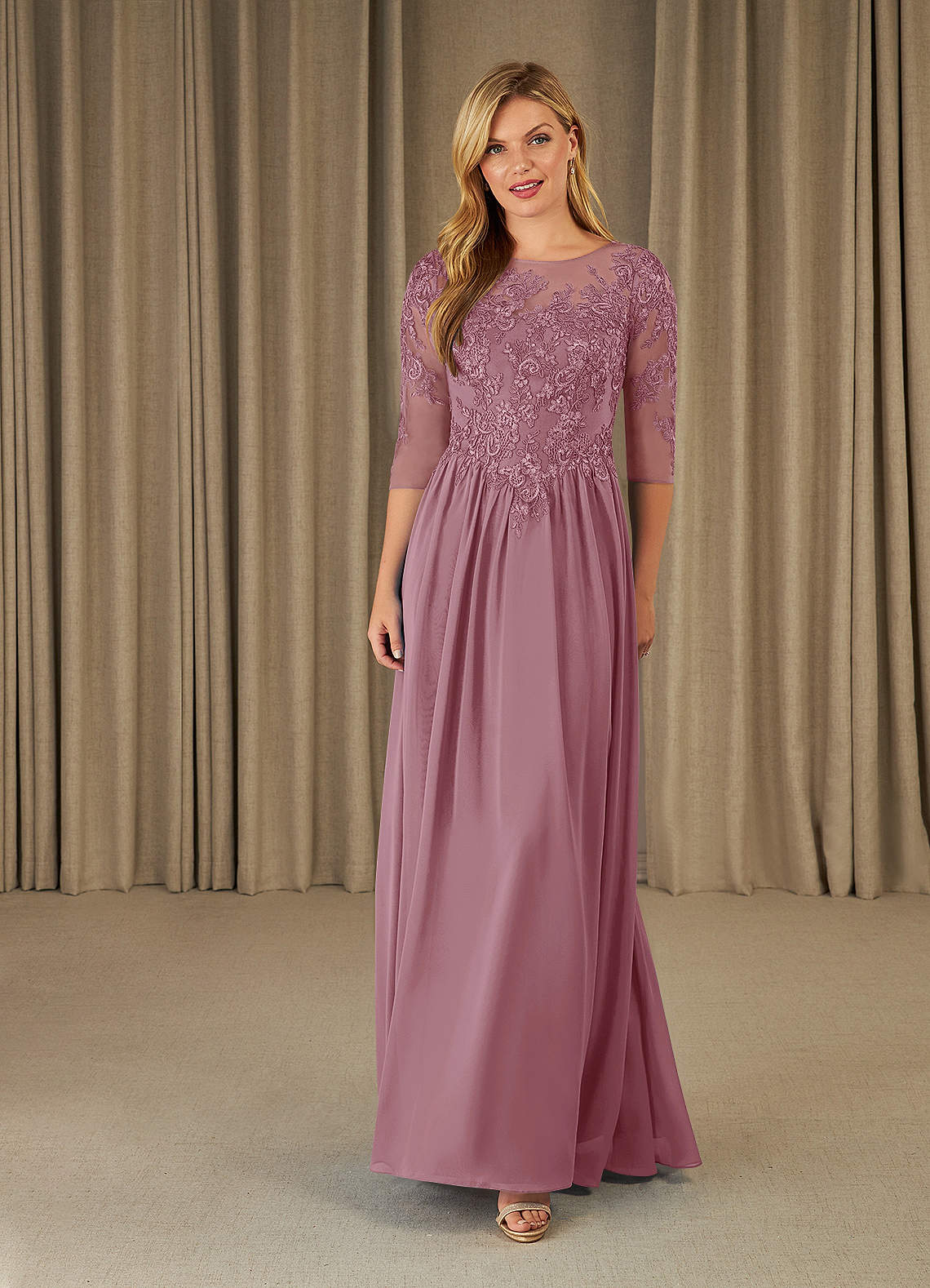 Mirielle A-Line Scoop-Neck Chiffon and Lace Mother of the Bride Dress in Desert Rose
