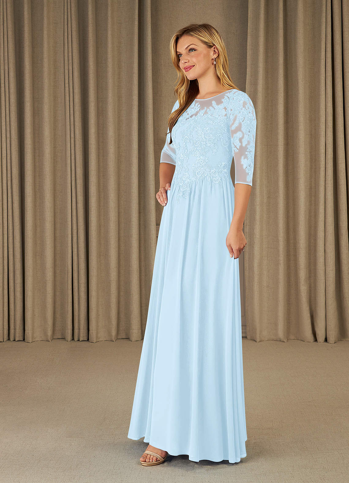 Mirielle A-Line Scoop-Neck Chiffon and Lace Mother of the Bride Dress in Sky Blue