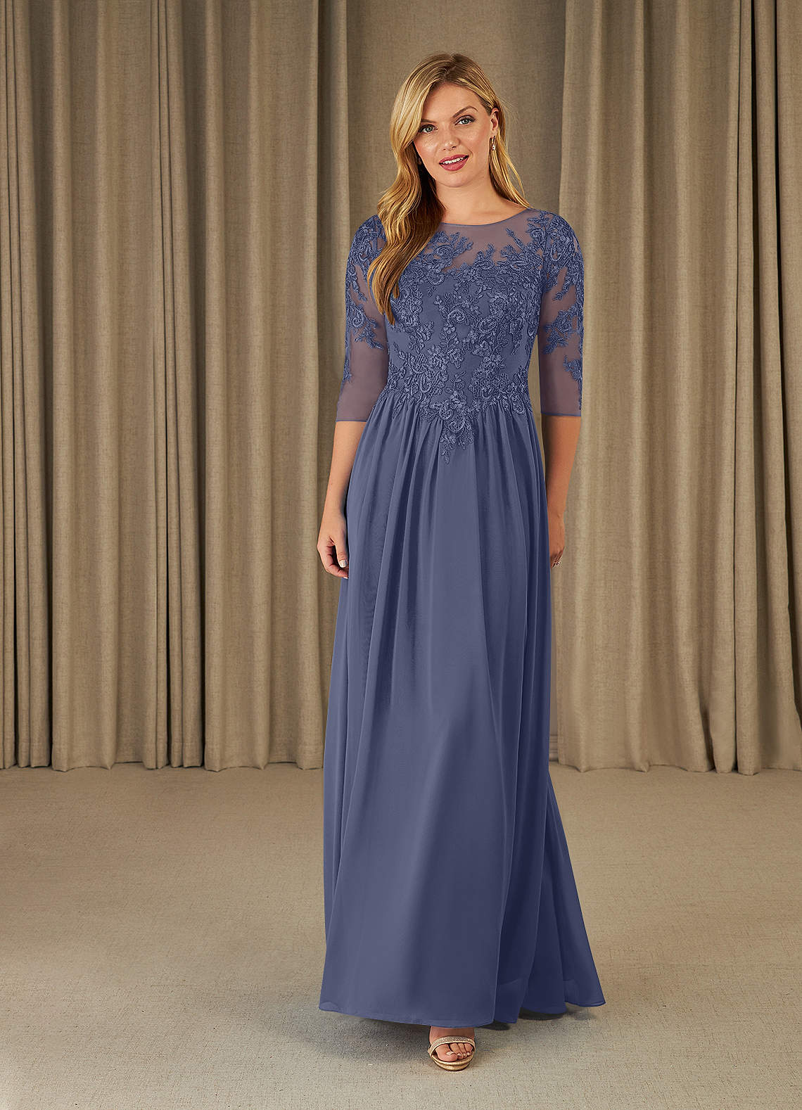 Mirielle A-Line Scoop-Neck Chiffon and Lace Mother of the Bride Dress in Stormy