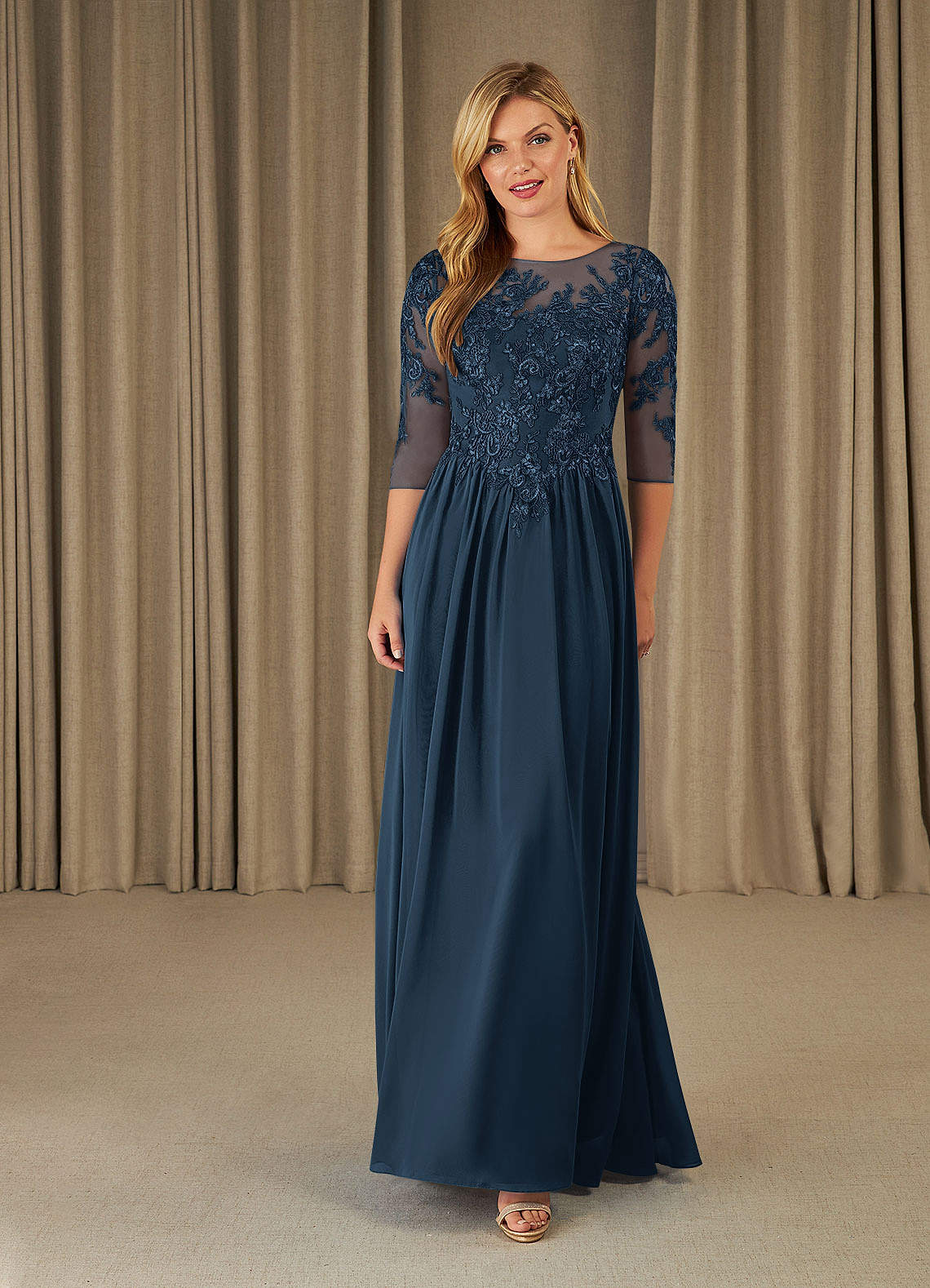 Mirielle A-Line Scoop-Neck Chiffon and Lace Mother of the Bride Dress in Dark Navy