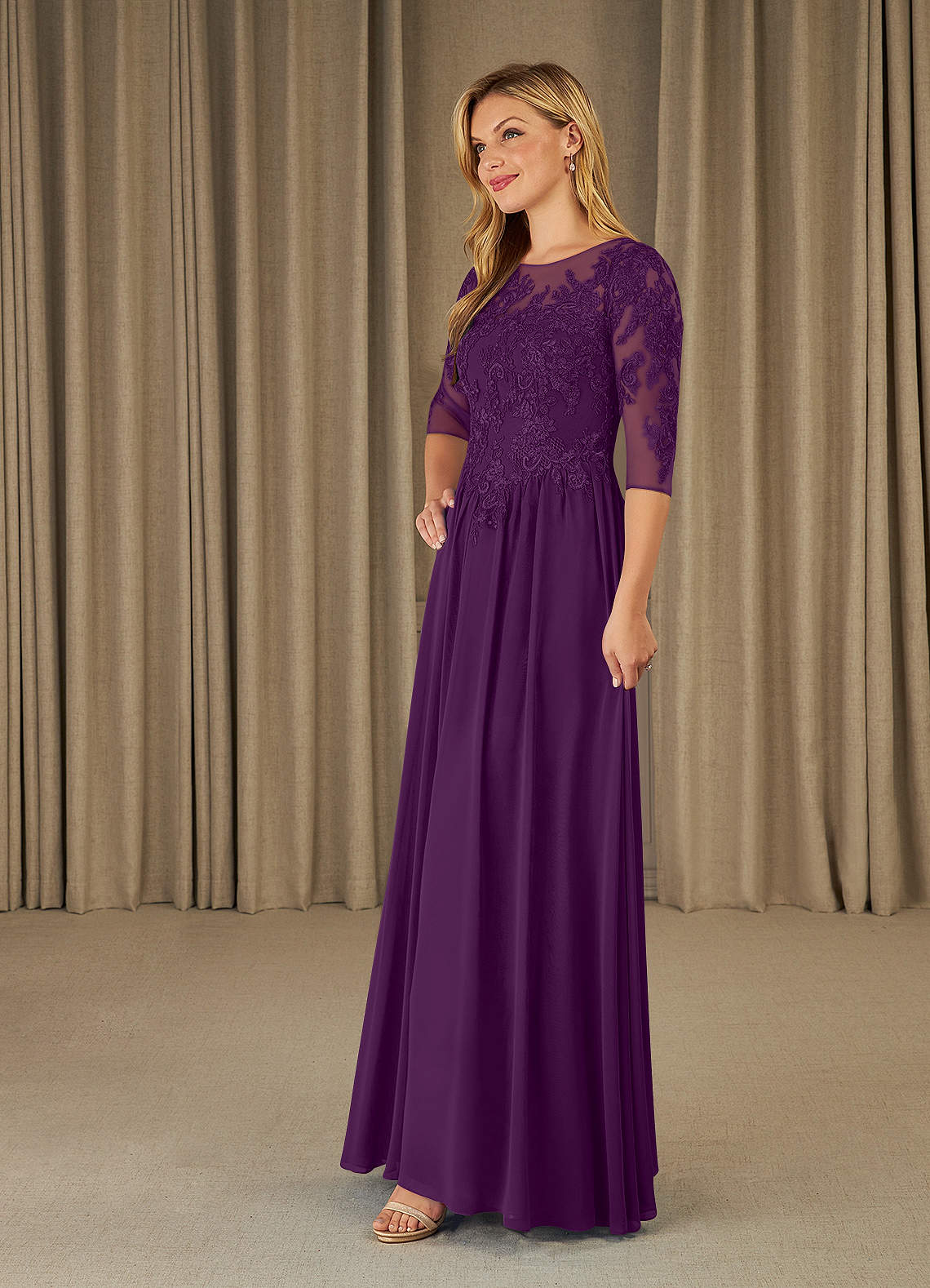 Mirielle A-Line Scoop-Neck Chiffon and Lace Mother of the Bride Dress in Plum