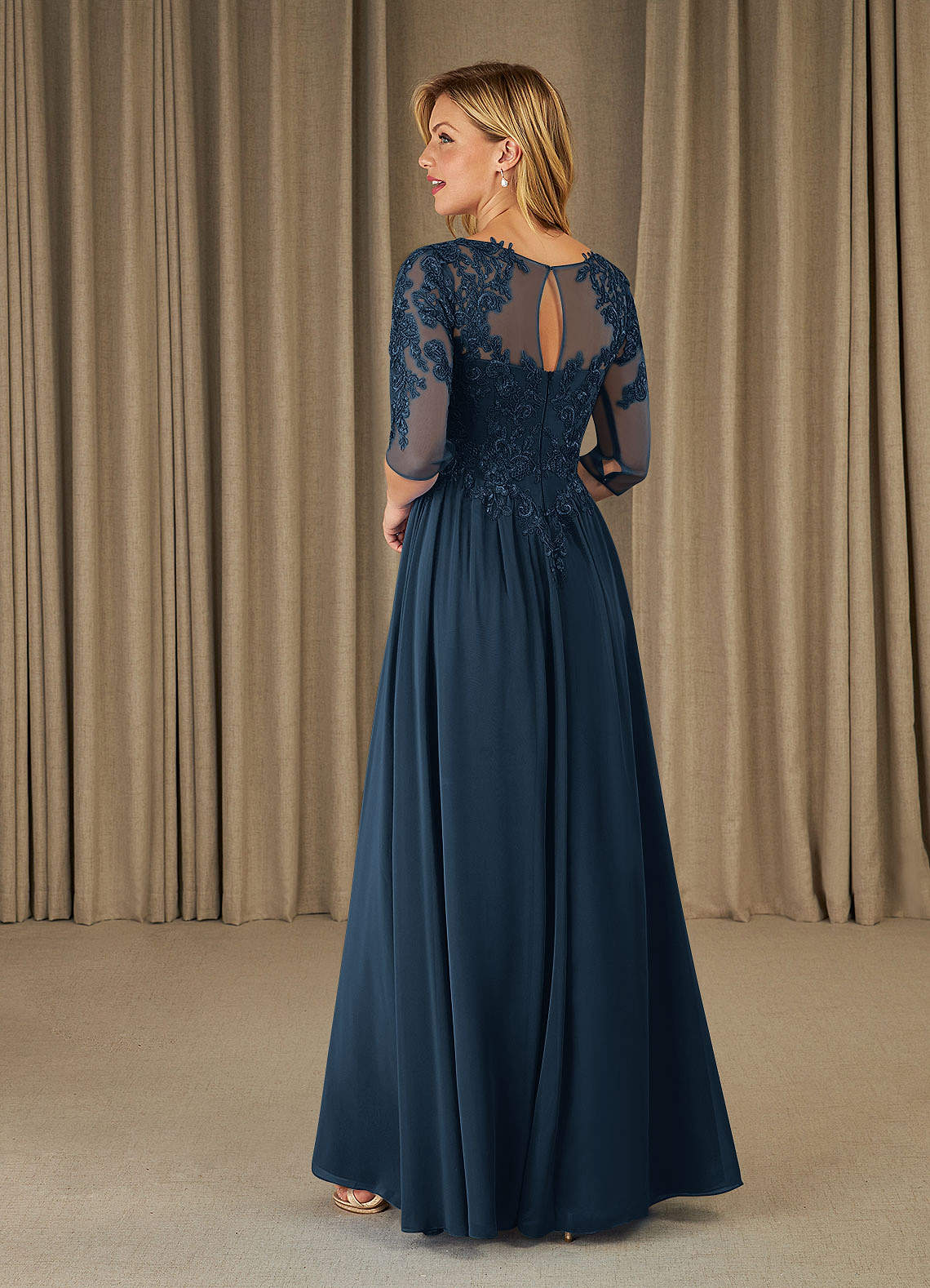 Mirielle A-Line Scoop-Neck Chiffon and Lace Mother of the Bride Dress in Dark Navy