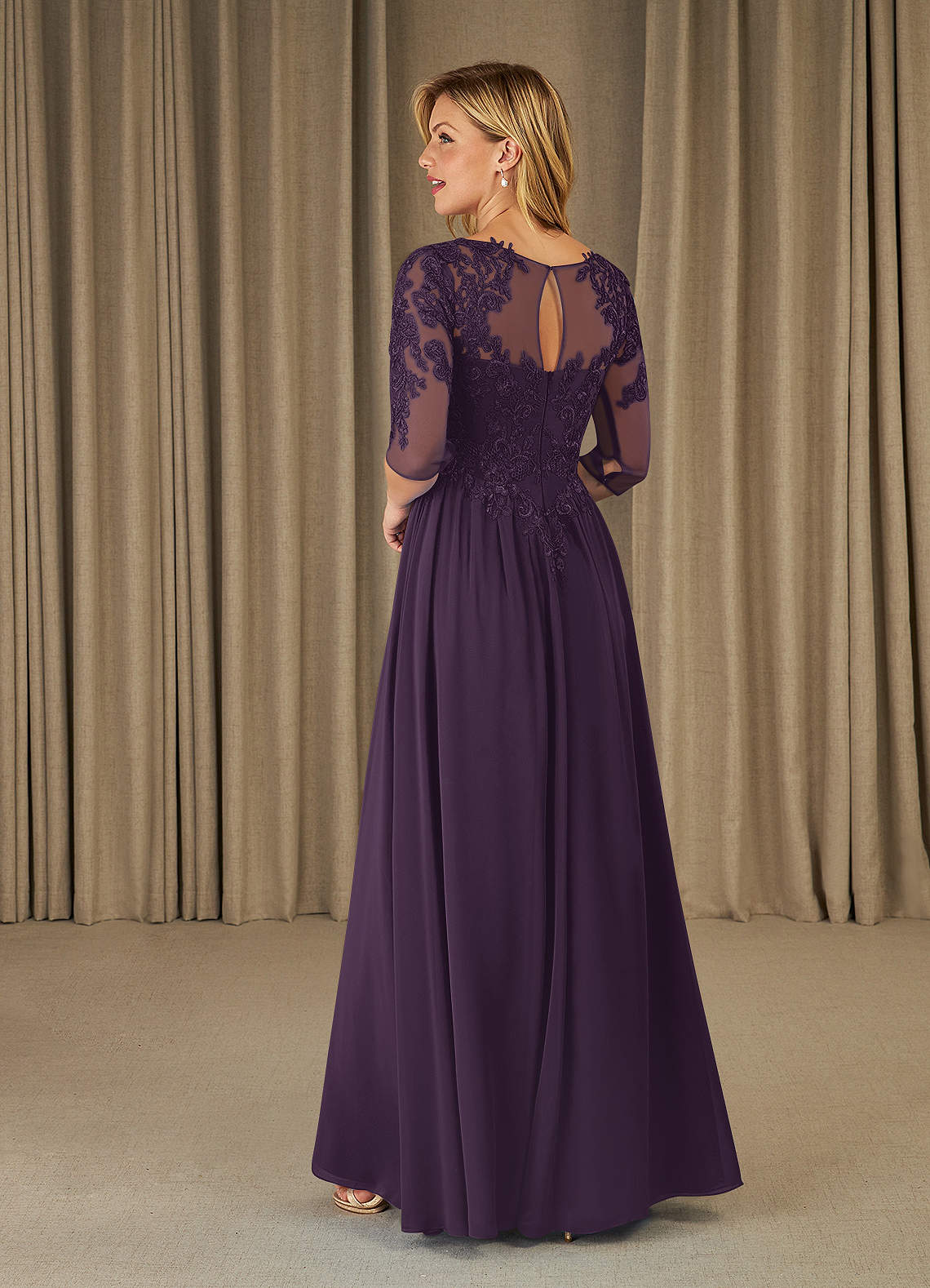 Mirielle A-Line Scoop-Neck Chiffon and Lace Mother of the Bride Dress in Mulberry