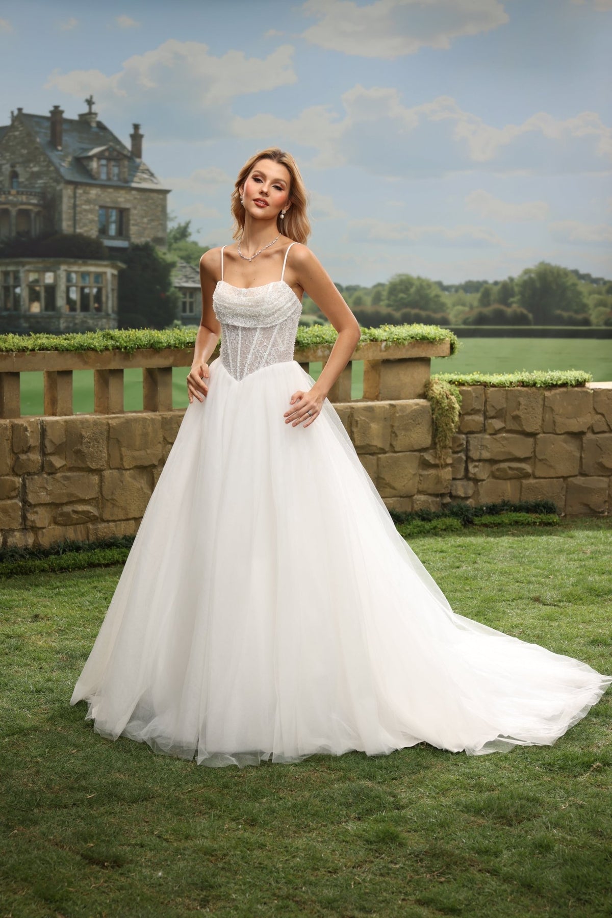 Nalia white wedding dress detail view 9