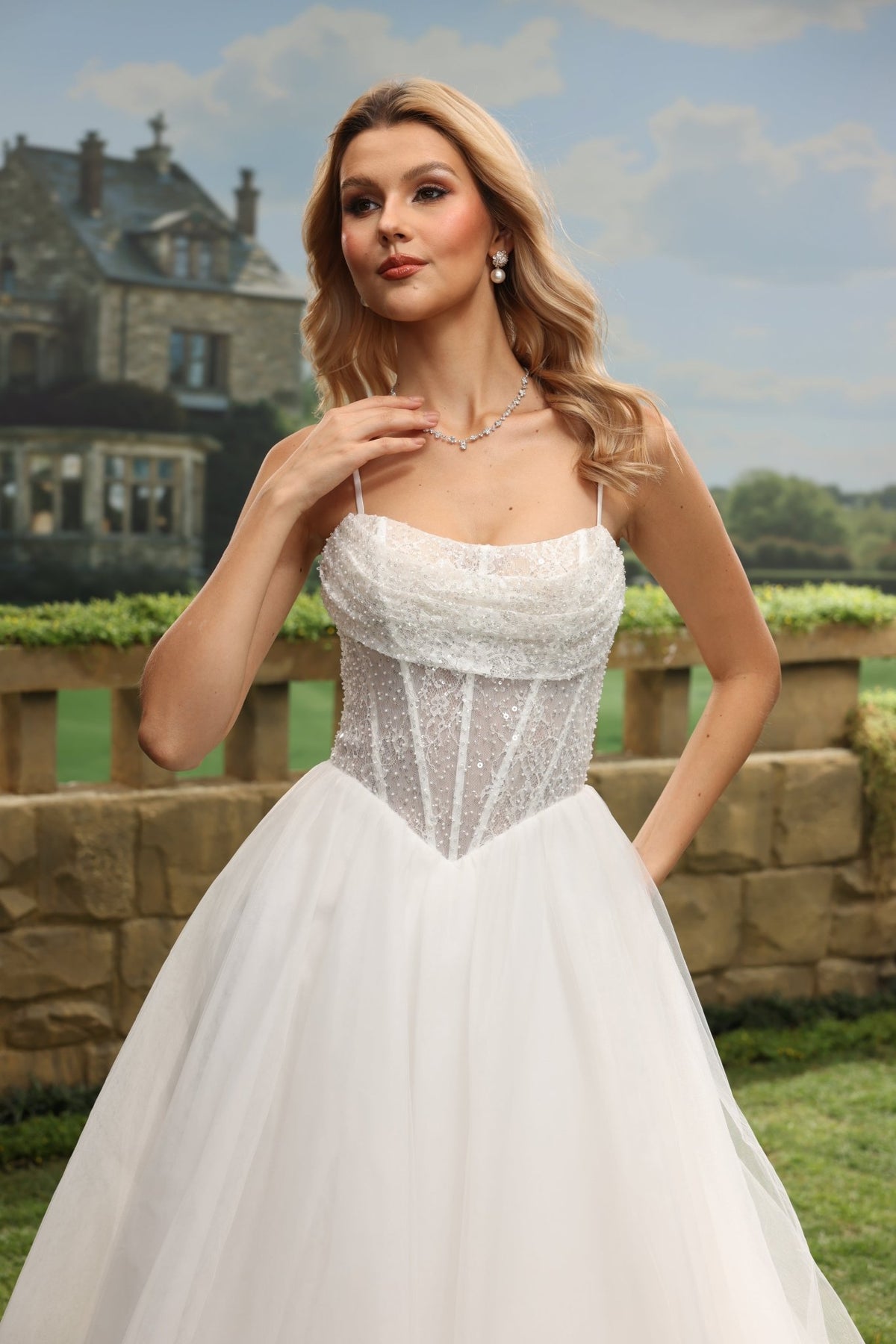 Nalia white wedding dress detail view 10