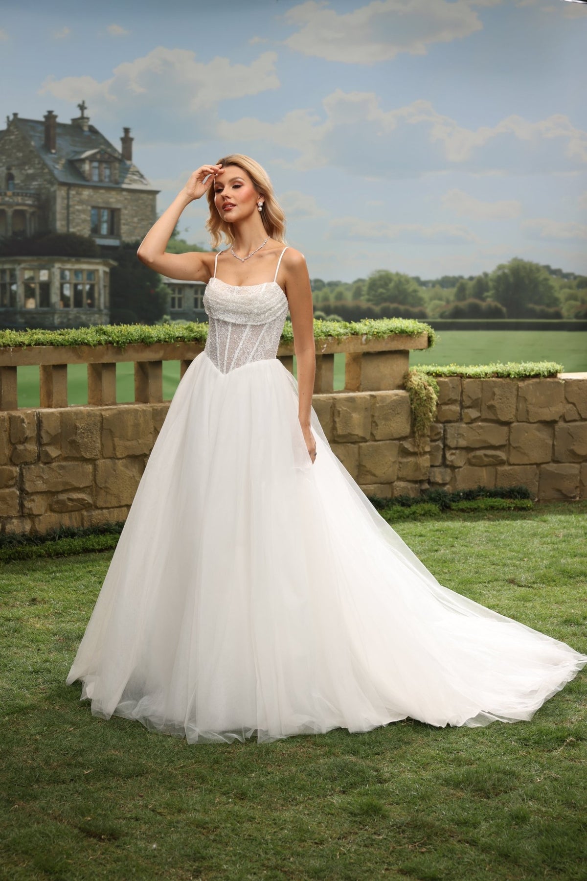 Nalia white wedding dress detail view 8