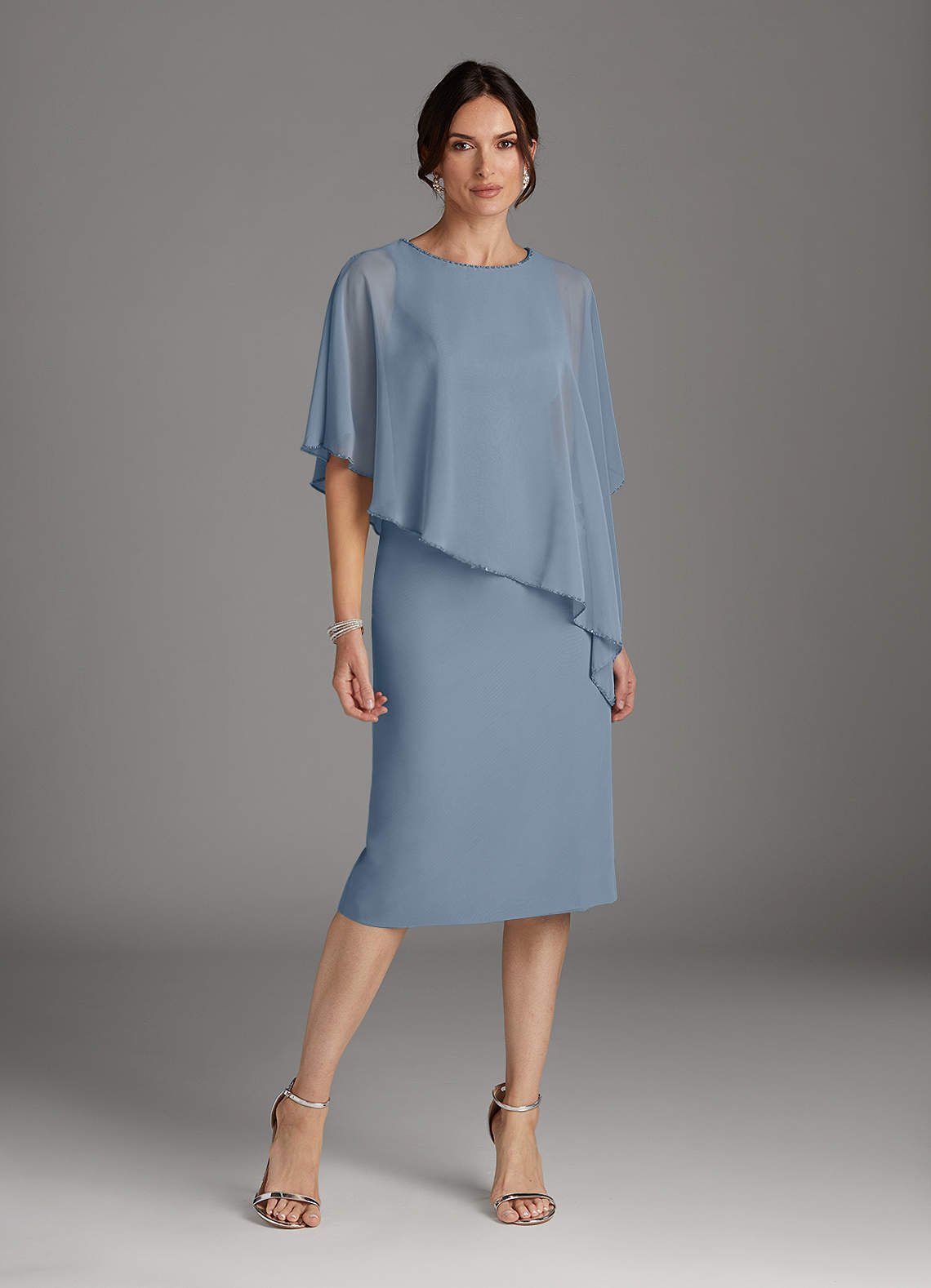 Sparrow Sheath Scoop-Neck Chiffon Mother of the Bride Dress in dusty blue