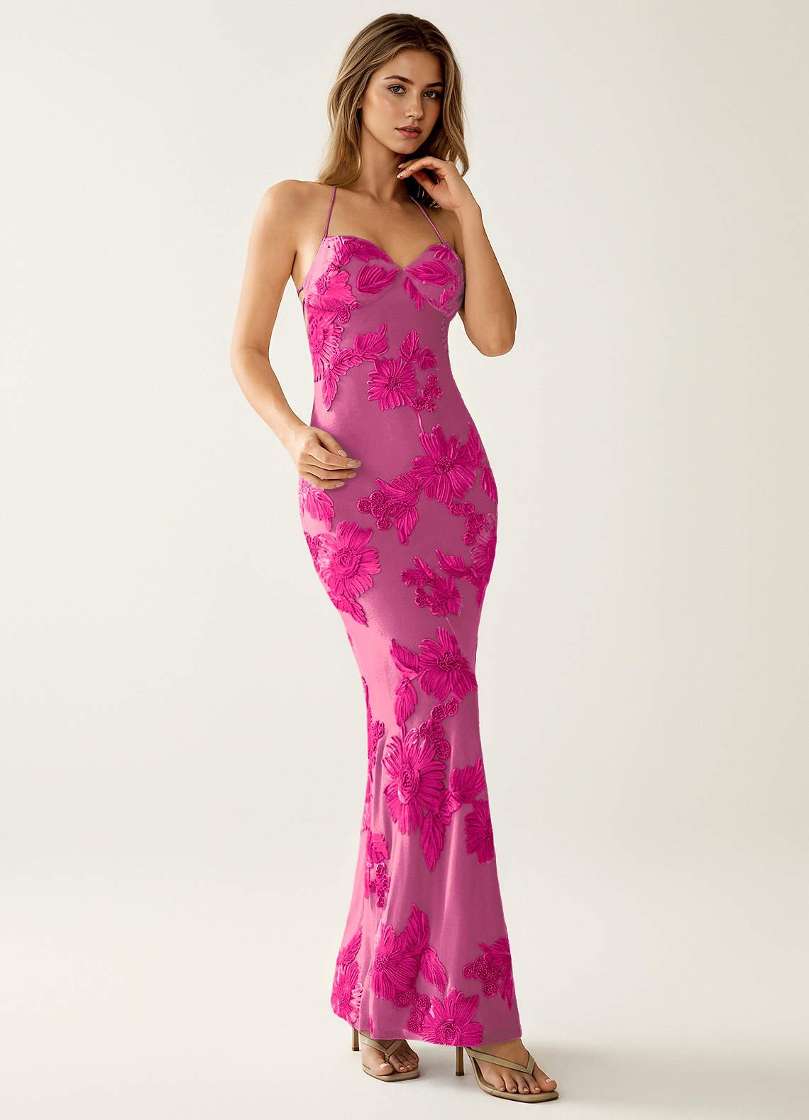 Nasasiya Mermaid Halter-Neck Stretch Lace Prom Dress in Fuchsia