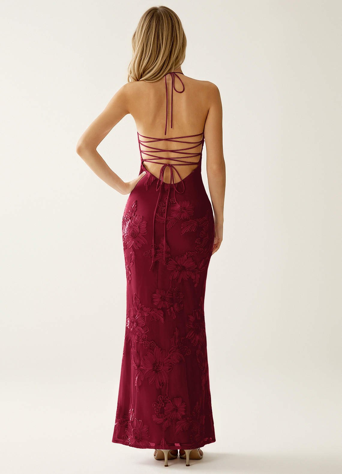 Nasasiya Mermaid Halter-Neck Stretch Lace Prom Dress in Burgundy