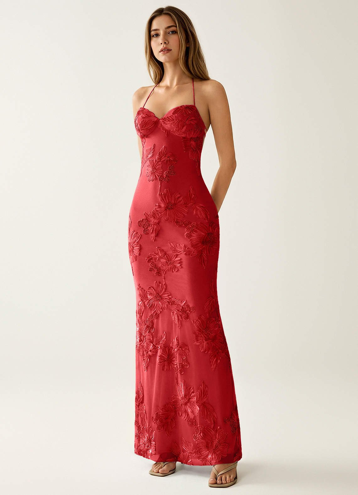 Nasasiya Mermaid Halter-Neck Stretch Lace Prom Dress in Red