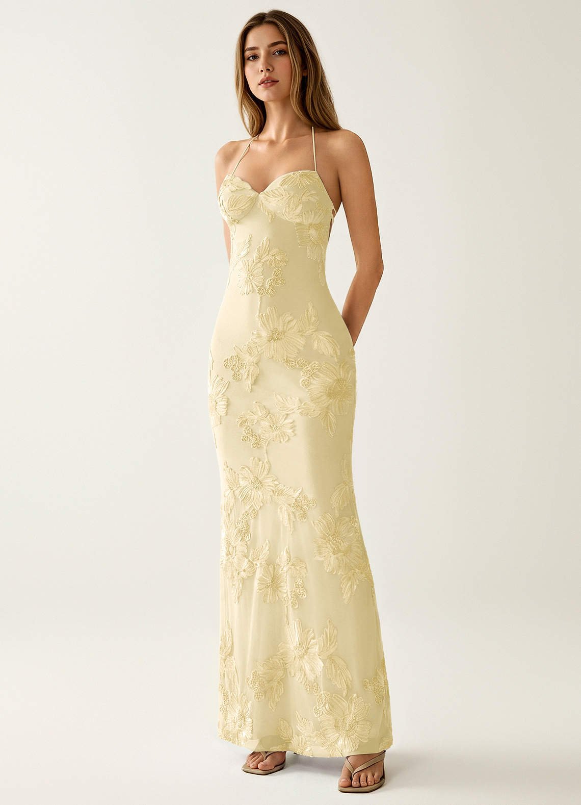 Nasasiya Mermaid Halter-Neck Stretch Lace Prom Dress in Lemon Sorbet