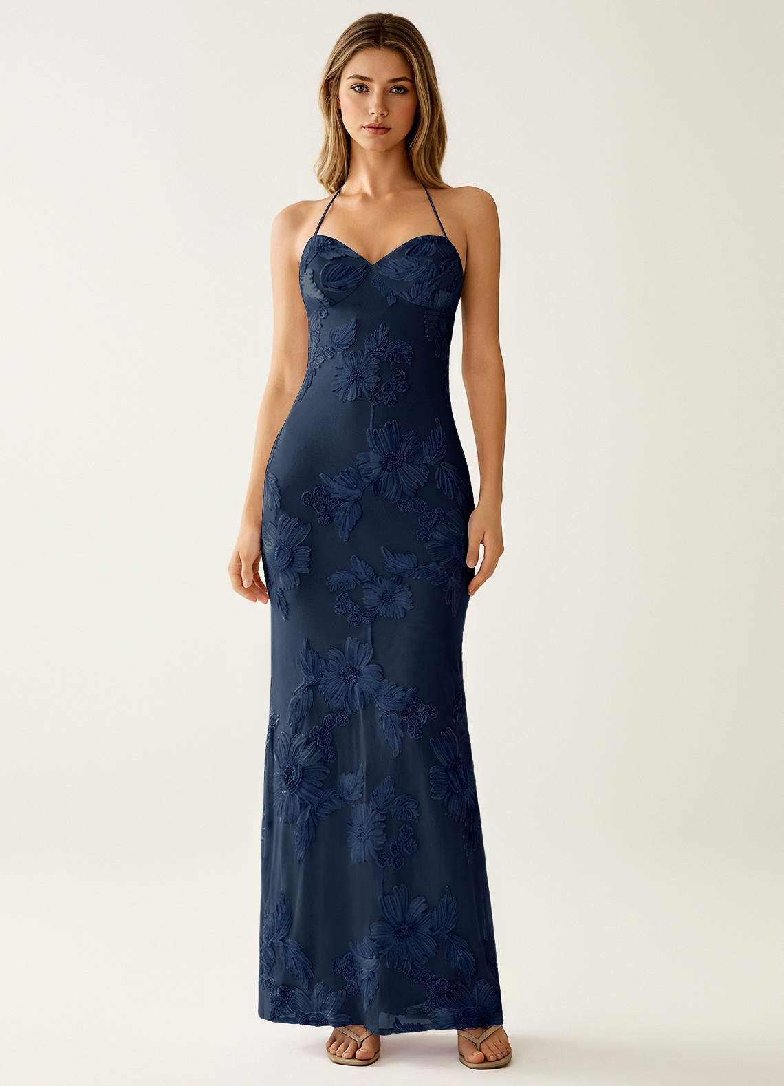 Nasasiya Mermaid Halter-Neck Stretch Lace Prom Dress in Navy Blue