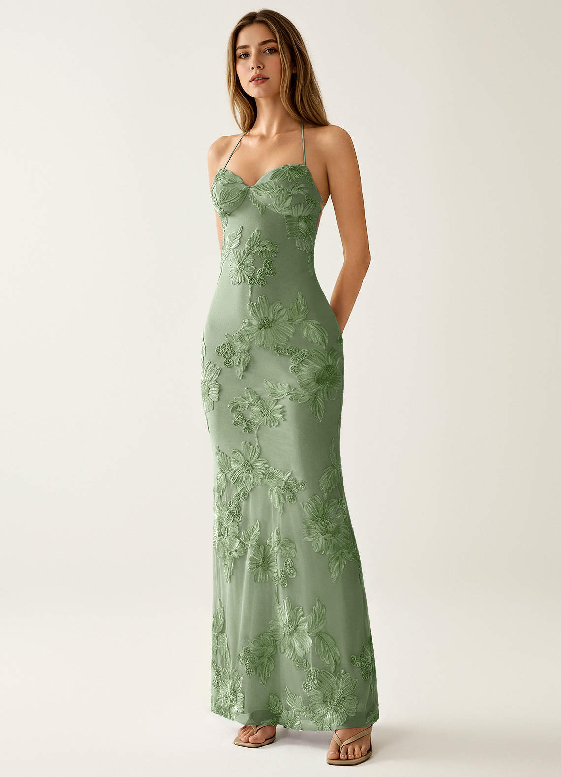 Nasasiya Mermaid Halter-Neck Stretch Lace Prom Dress in Sage