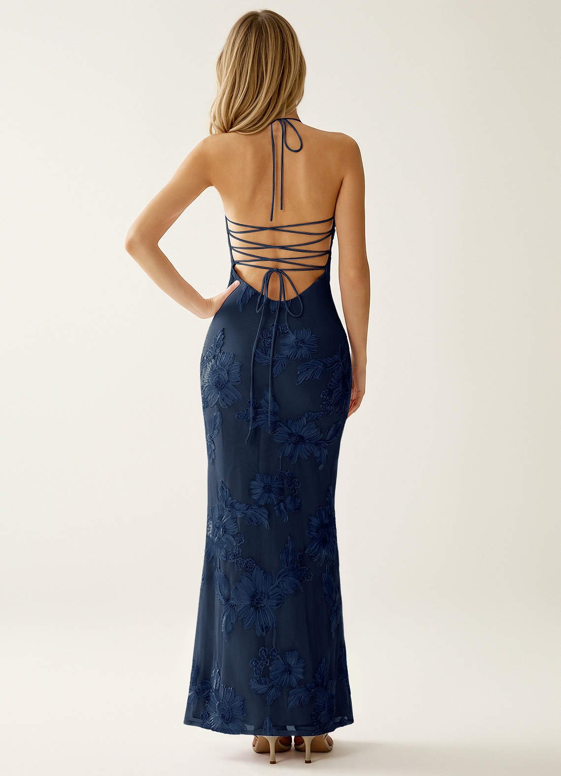 Nasasiya Mermaid Halter-Neck Stretch Lace Prom Dress in Navy Blue