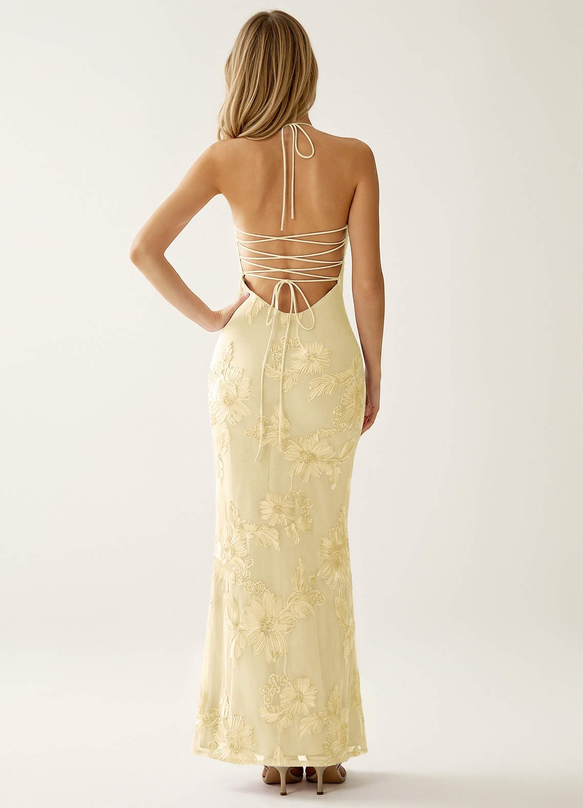 Nasasiya Mermaid Halter-Neck Stretch Lace Prom Dress in Lemon Sorbet
