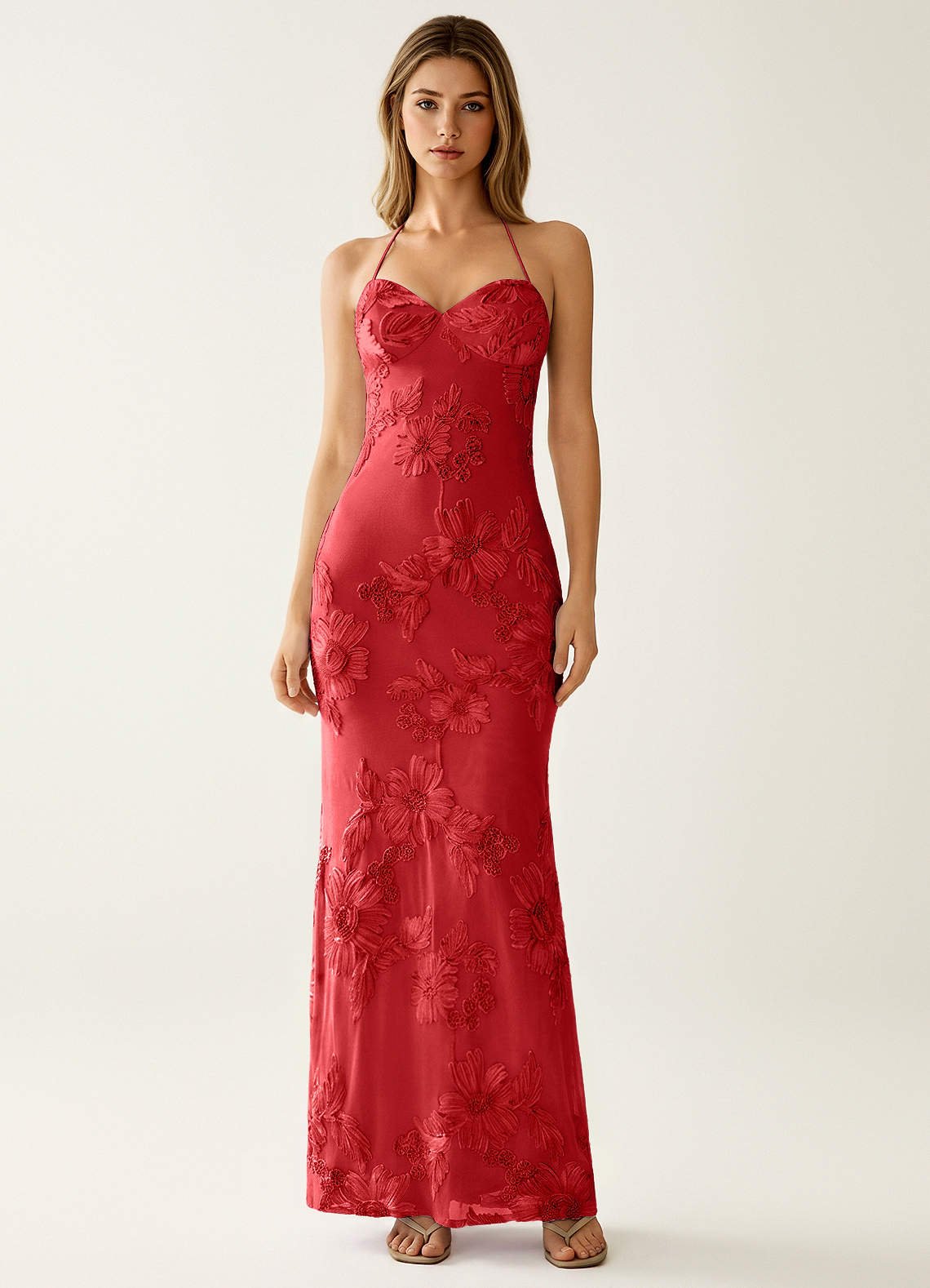 Nasasiya Mermaid Halter-Neck Stretch Lace Prom Dress in Red