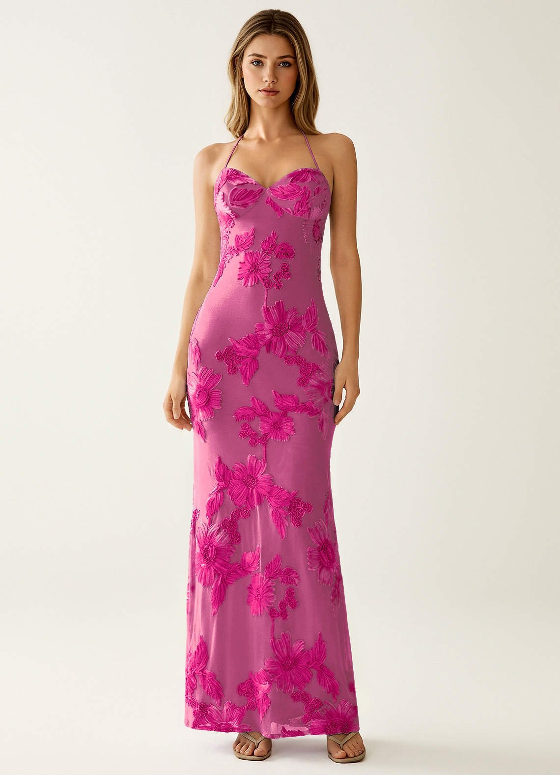 Nasasiya Mermaid Halter-Neck Stretch Lace Prom Dress in Fuchsia