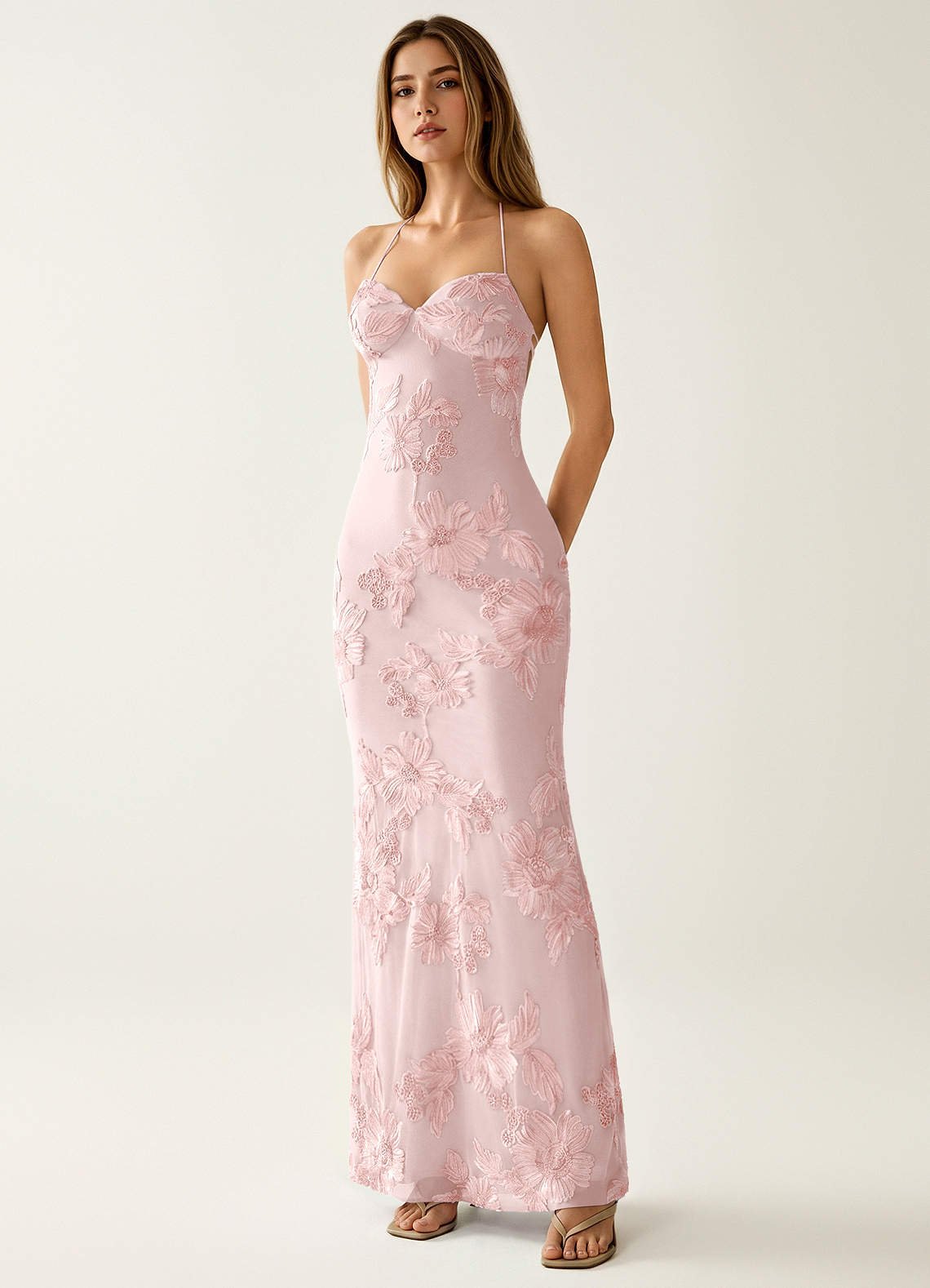 Nasasiya Mermaid Halter-Neck Stretch Lace Prom Dress in Pink