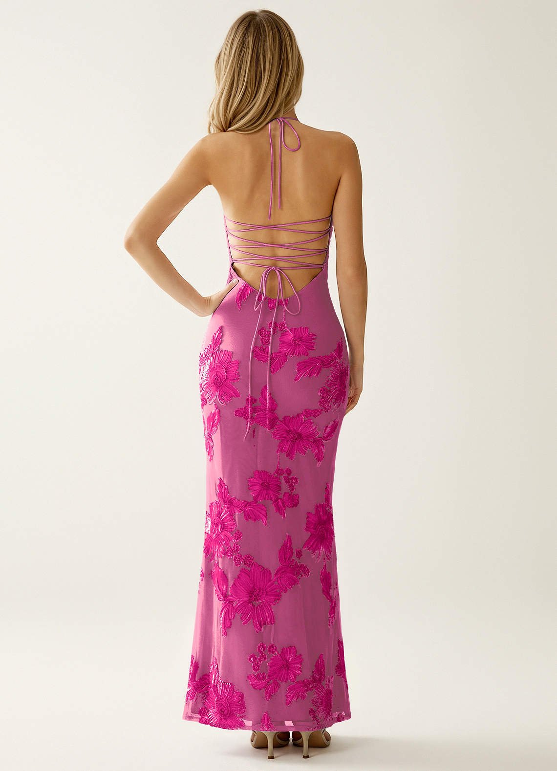 Nasasiya Mermaid Halter-Neck Stretch Lace Prom Dress in Fuchsia