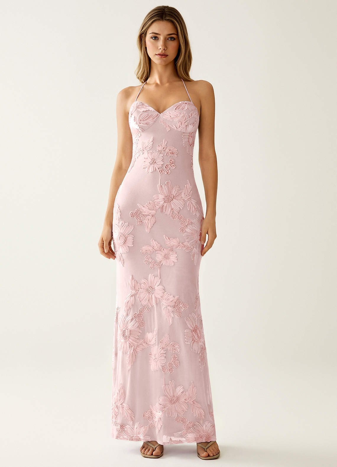 Nasasiya Mermaid Halter-Neck Stretch Lace Prom Dress in Pink