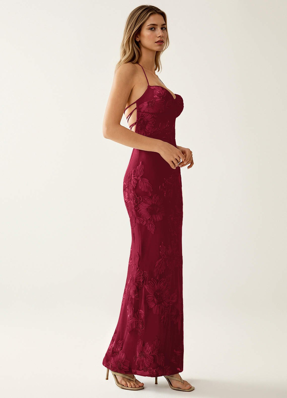 Nasasiya Mermaid Halter-Neck Stretch Lace Prom Dress in Burgundy