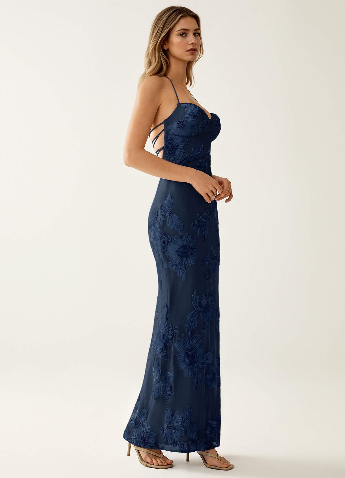 Nasasiya Mermaid Halter-Neck Stretch Lace Prom Dress in Navy Blue
