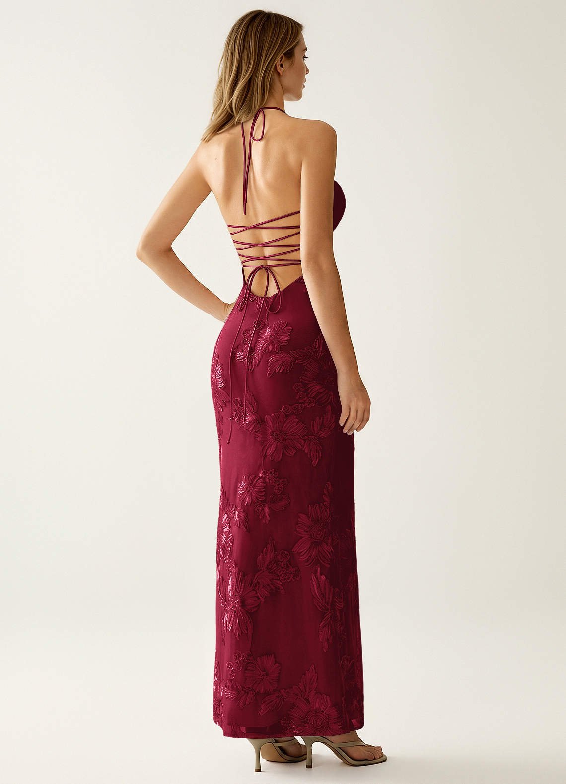 Nasasiya Mermaid Halter-Neck Stretch Lace Prom Dress in Burgundy