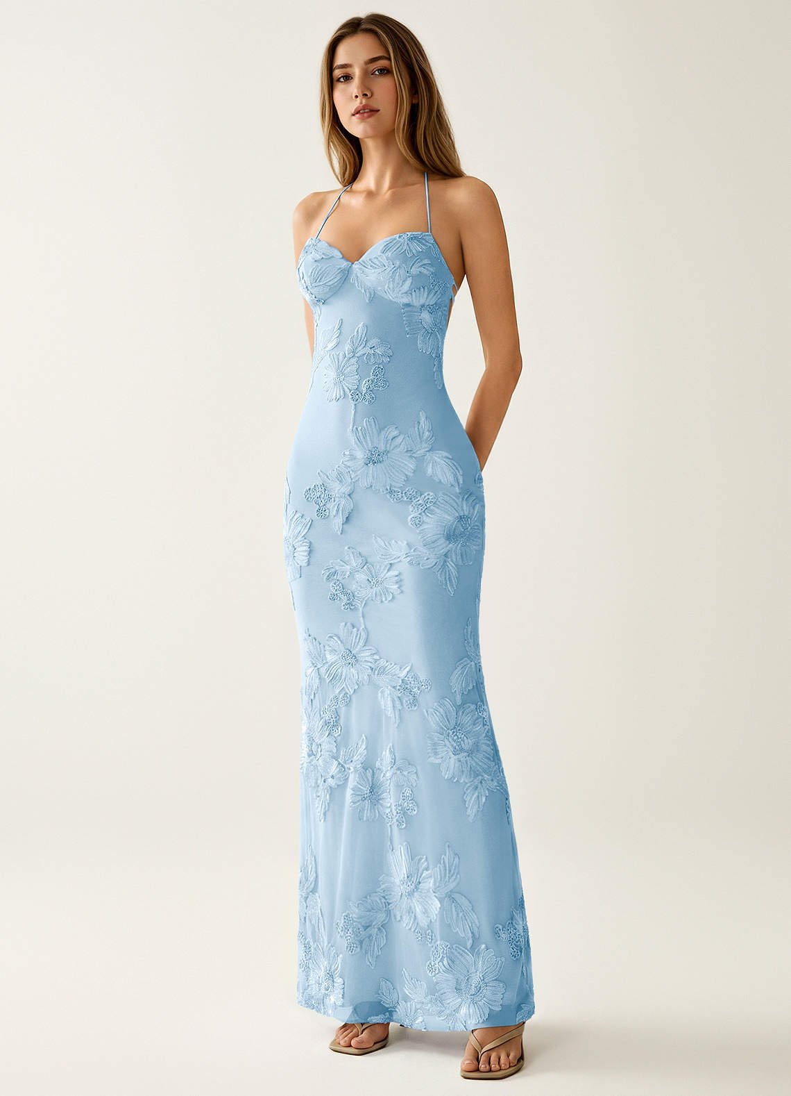 Nasasiya Mermaid Halter-Neck Stretch Lace Prom Dress in Sky Blue