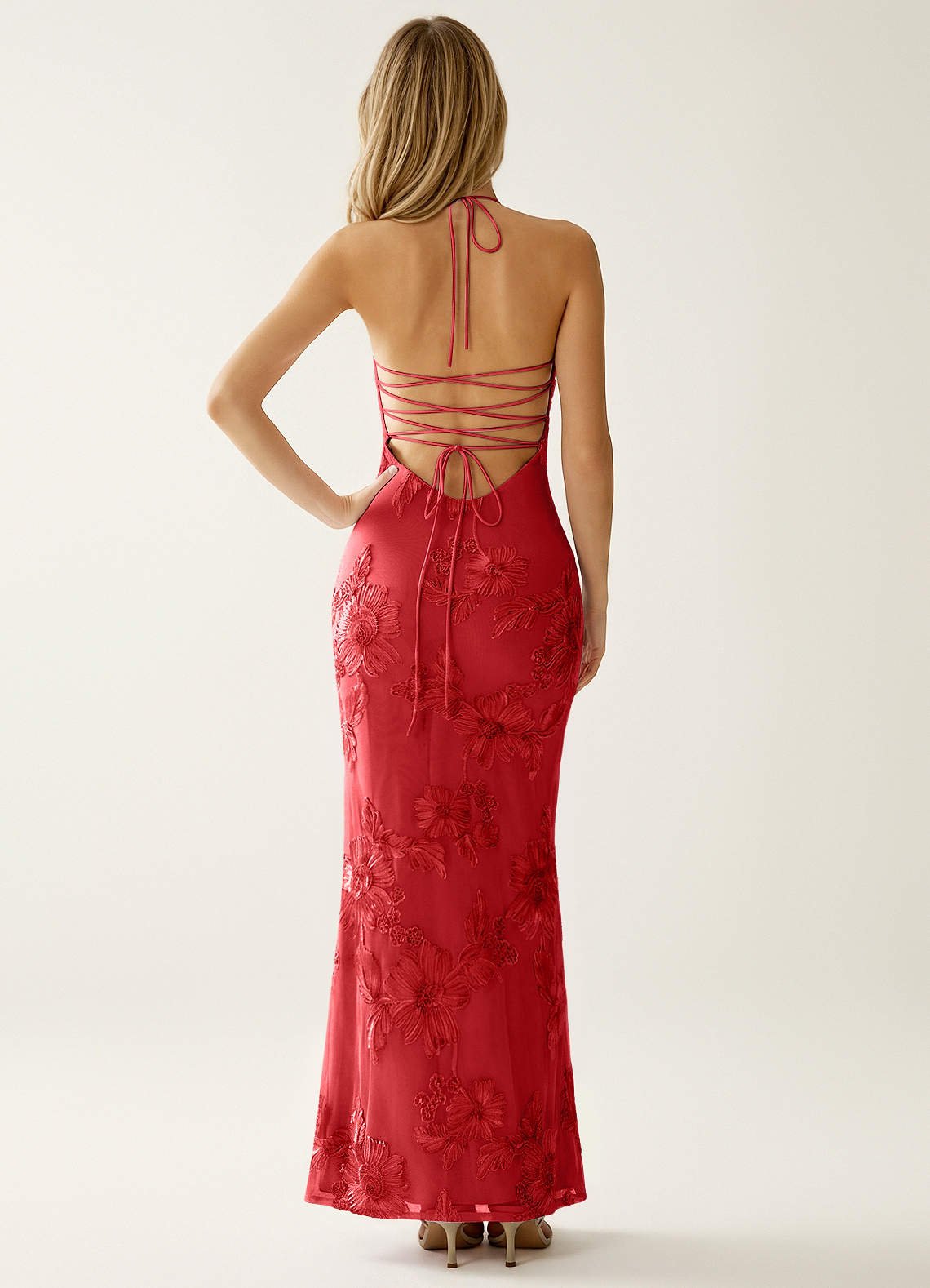 Nasasiya Mermaid Halter-Neck Stretch Lace Prom Dress in Red