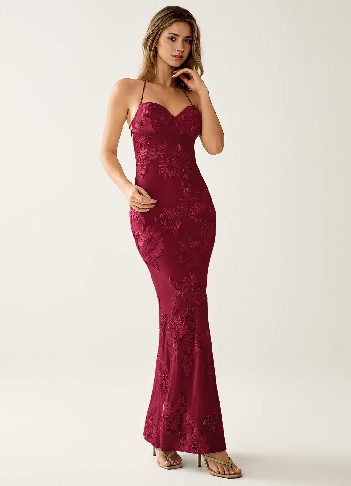 Nasasiya Mermaid Halter-Neck Stretch Lace Prom Dress in Burgundy