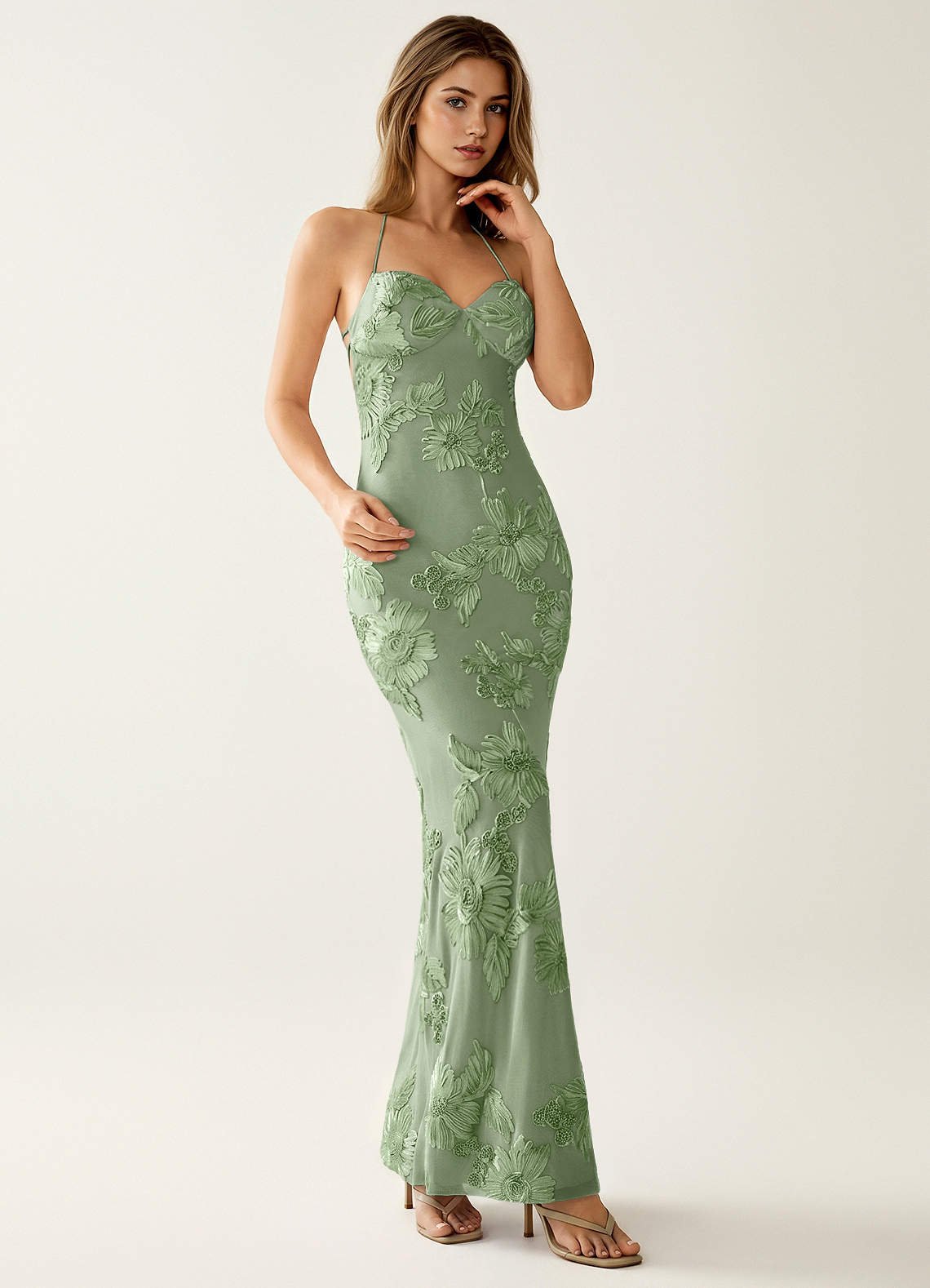 Nasasiya Mermaid Halter-Neck Stretch Lace Prom Dress in Sage