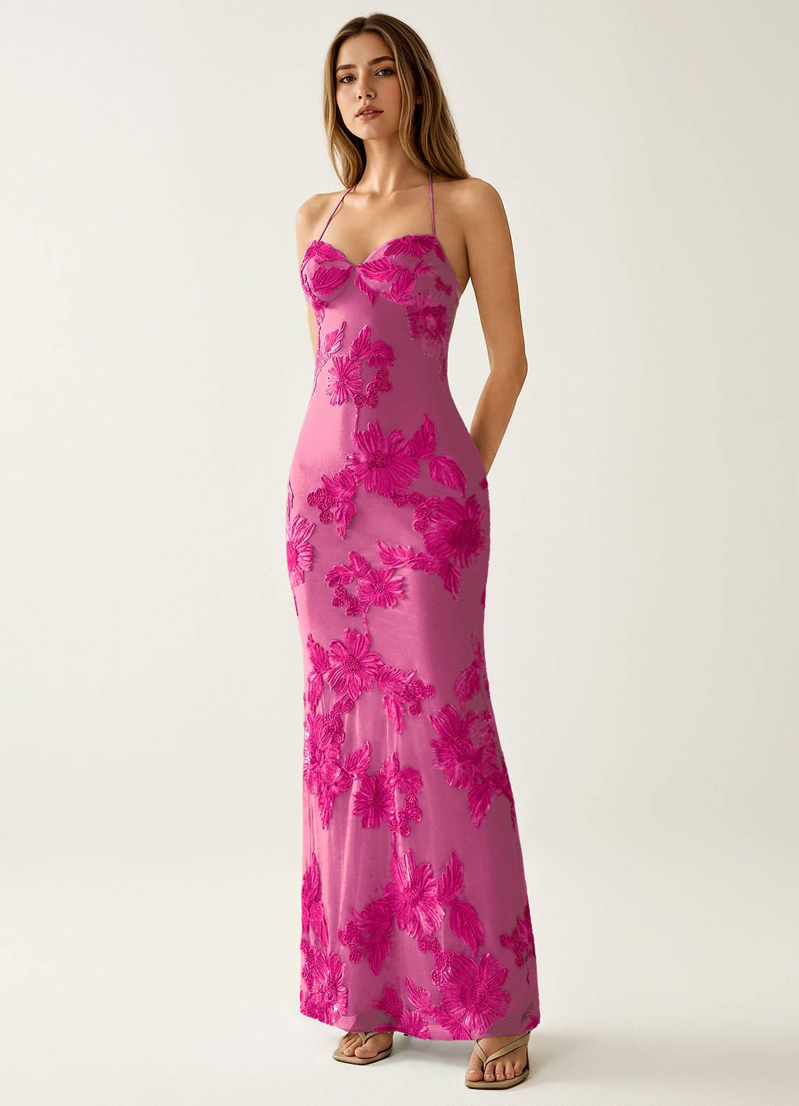 Nasasiya Mermaid Halter-Neck Stretch Lace Prom Dress in Fuchsia
