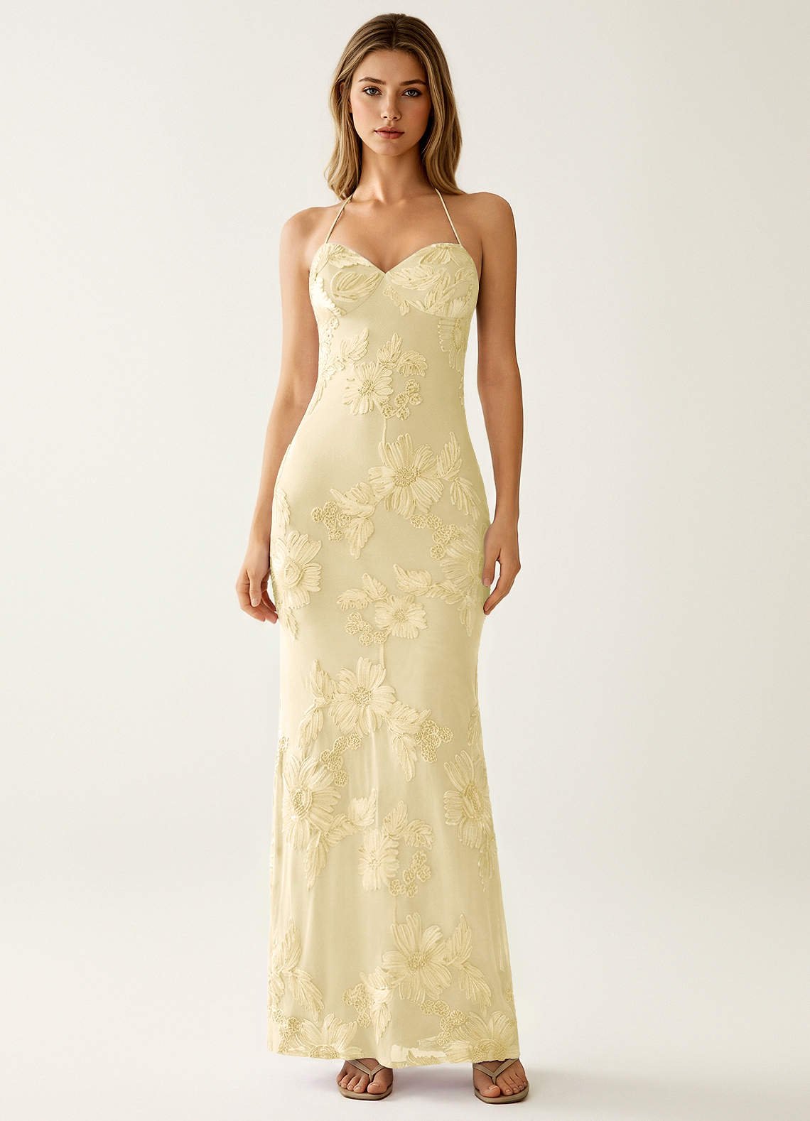 Nasasiya Mermaid Halter-Neck Stretch Lace Prom Dress in Lemon Sorbet