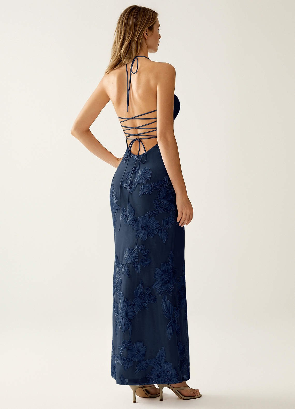 Nasasiya Mermaid Halter-Neck Stretch Lace Prom Dress in Navy Blue