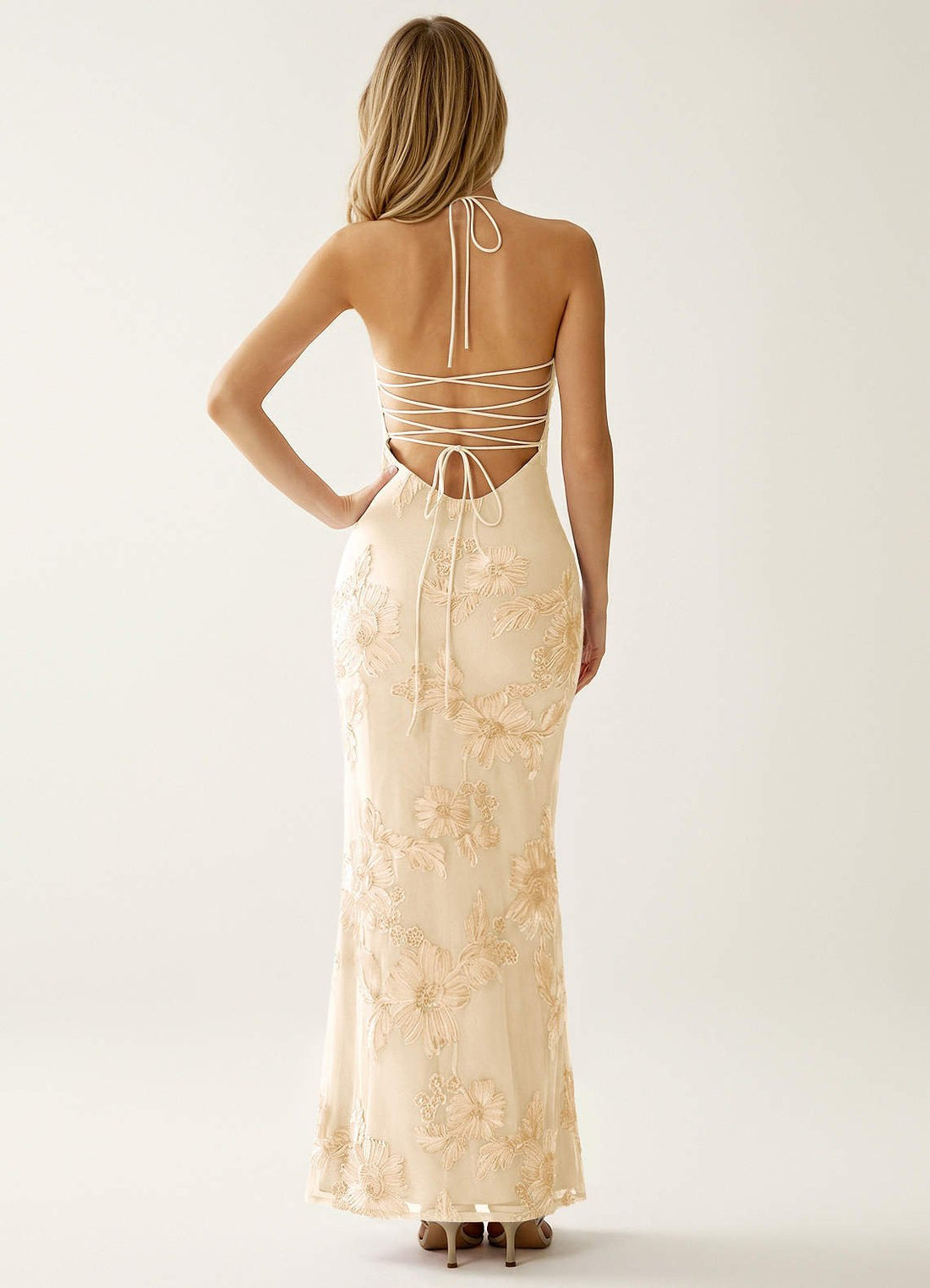 Nasasiya Mermaid Halter-Neck Stretch Lace Prom Dress in Yellow