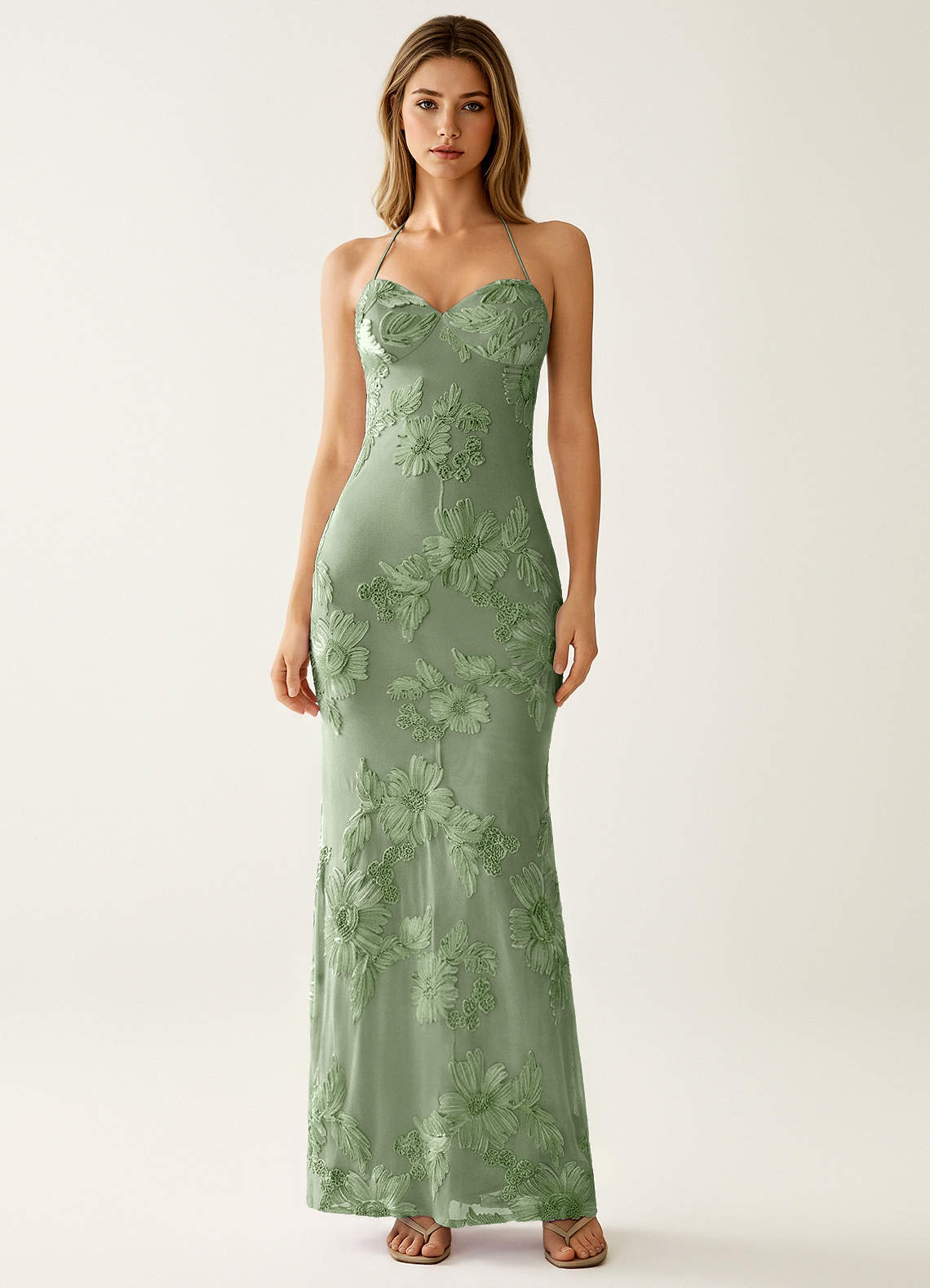 Nasasiya Mermaid Halter-Neck Stretch Lace Prom Dress in Sage