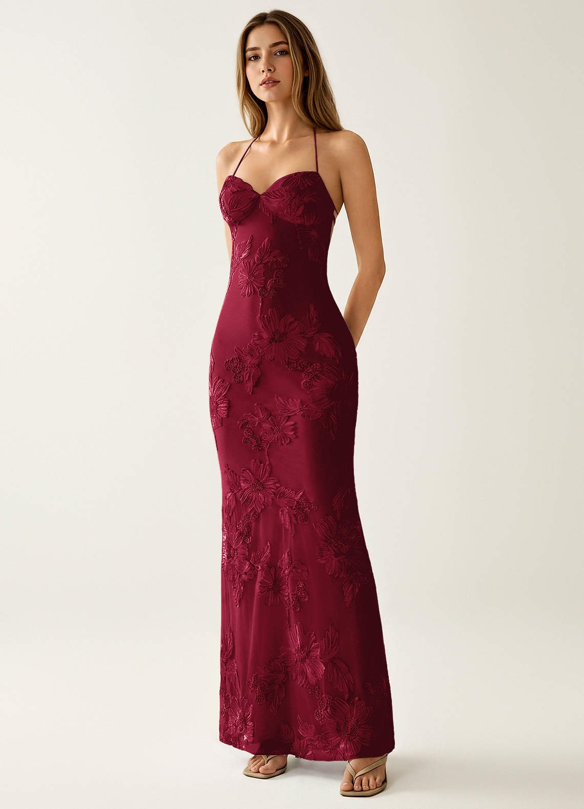 Nasasiya Mermaid Halter-Neck Stretch Lace Prom Dress in Burgundy