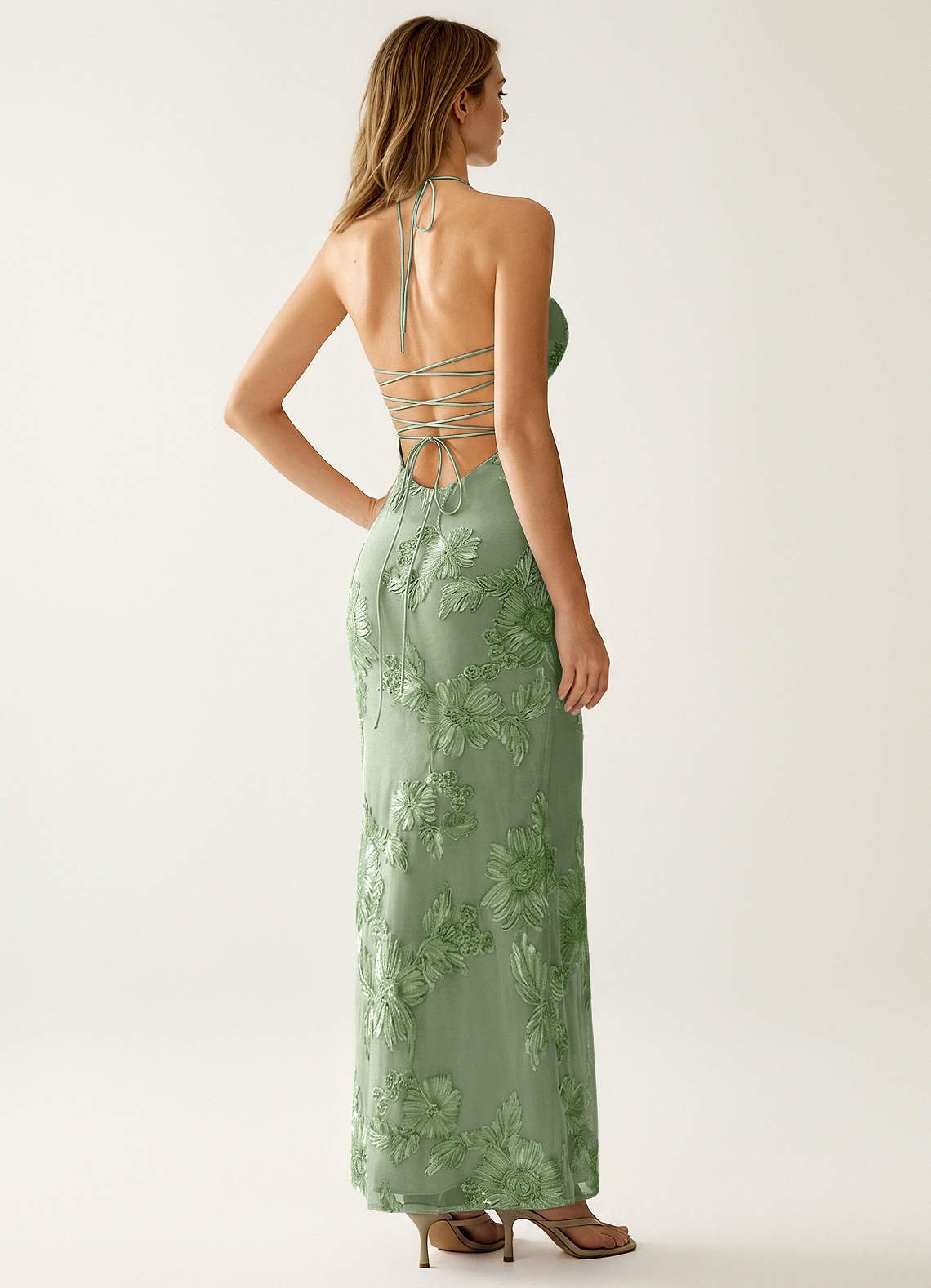 Nasasiya Mermaid Halter-Neck Stretch Lace Prom Dress in Sage