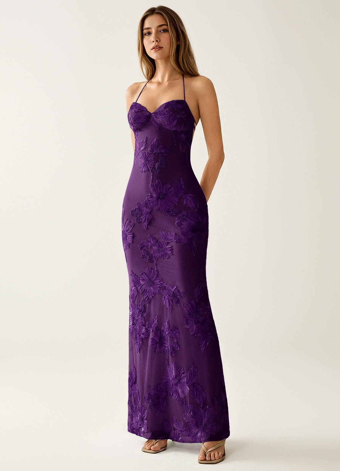 Nasasiya Mermaid Halter-Neck Stretch Lace Prom Dress in Plum