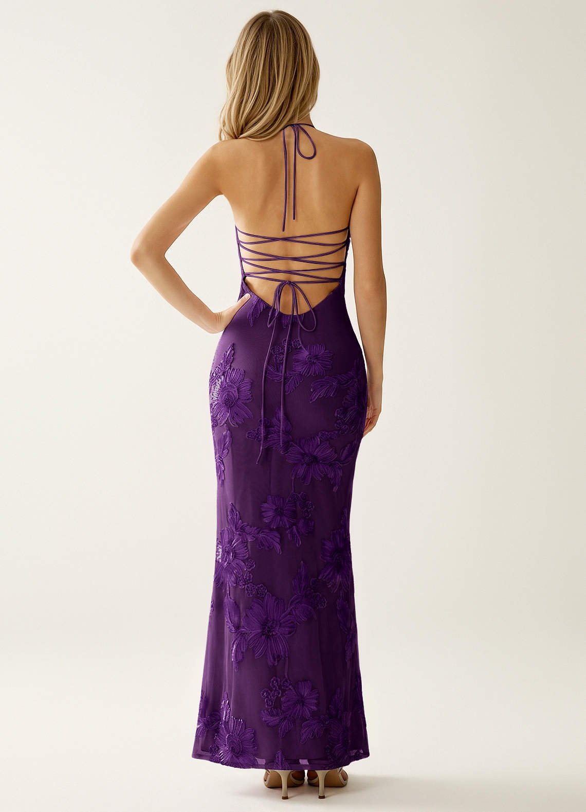 Nasasiya Mermaid Halter-Neck Stretch Lace Prom Dress in Plum